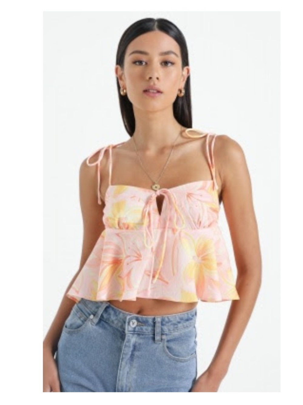 Floral Tie-Front Crop Top - Pink/Yellow